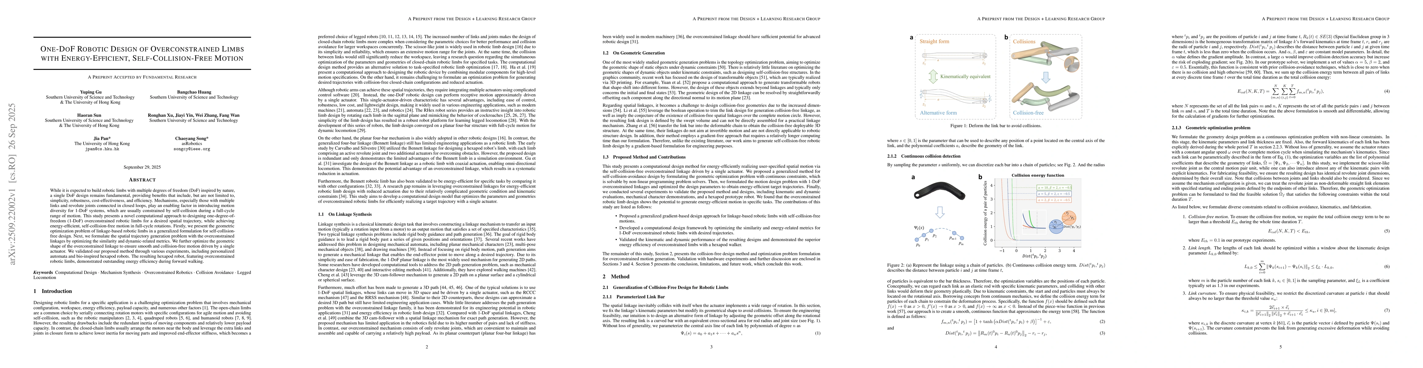 Thumbnail for One-DoF Robotic Design of Overconstrained Limbs with Energy-Efficient,
  Self-Collision-Free Motion