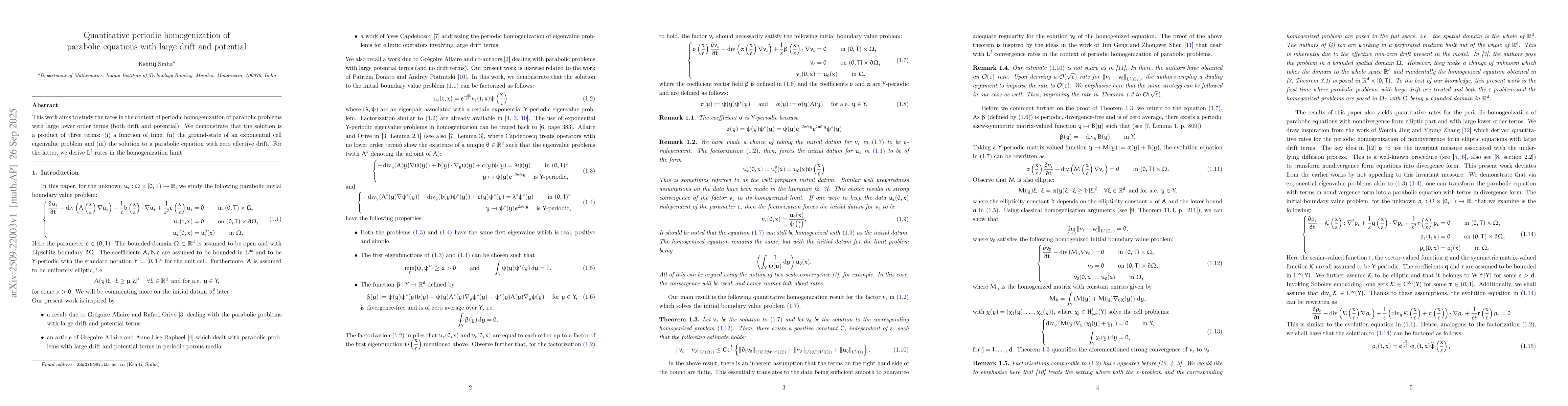 Thumbnail for Quantitative periodic homogenization of parabolic equations with large
  drift and potential