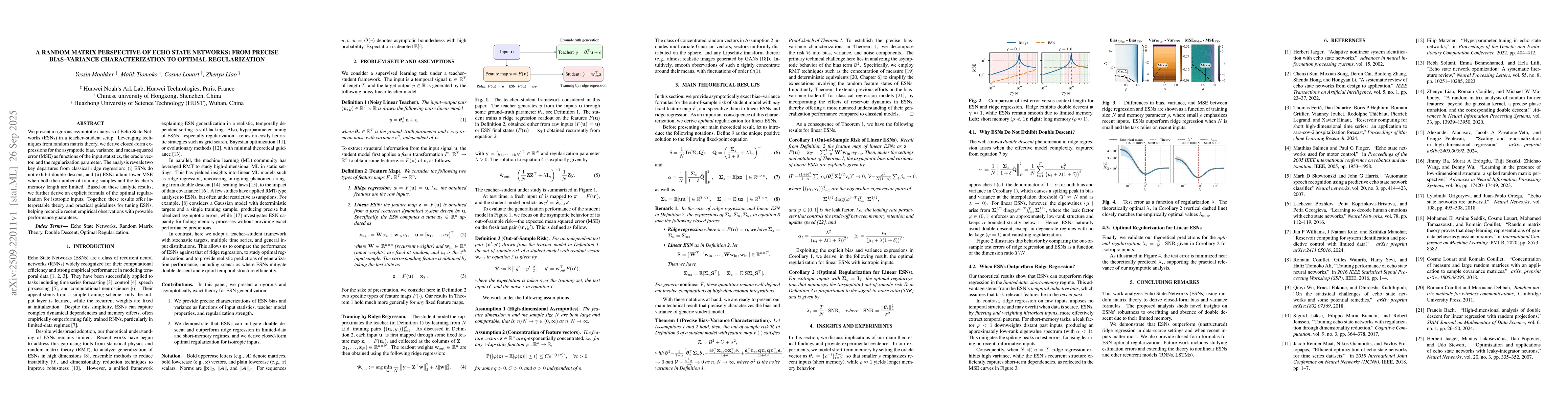Thumbnail for A Random Matrix Perspective of Echo State Networks: From Precise
  Bias--Variance Characterization to Optimal Regularization