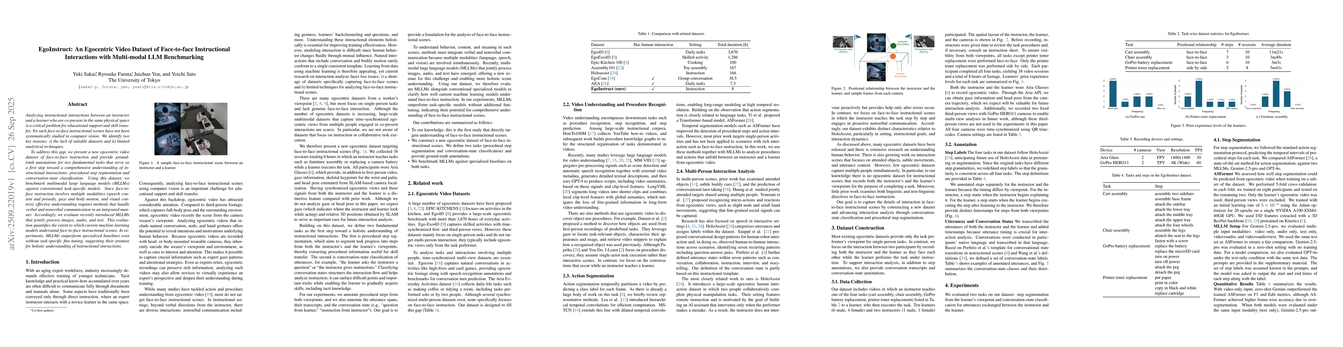 Thumbnail for EgoInstruct: An Egocentric Video Dataset of Face-to-face Instructional
  Interactions with Multi-modal LLM Benchmarking