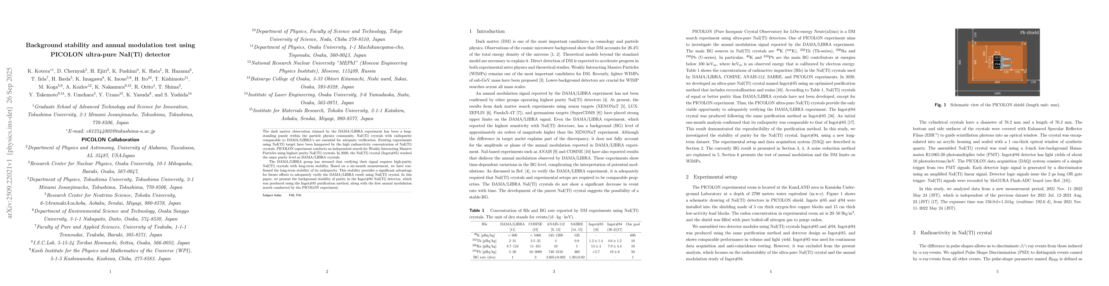 Thumbnail for Background stability and annual modulation test using PICOLON ultra-pure
  NaI(Tl) detector