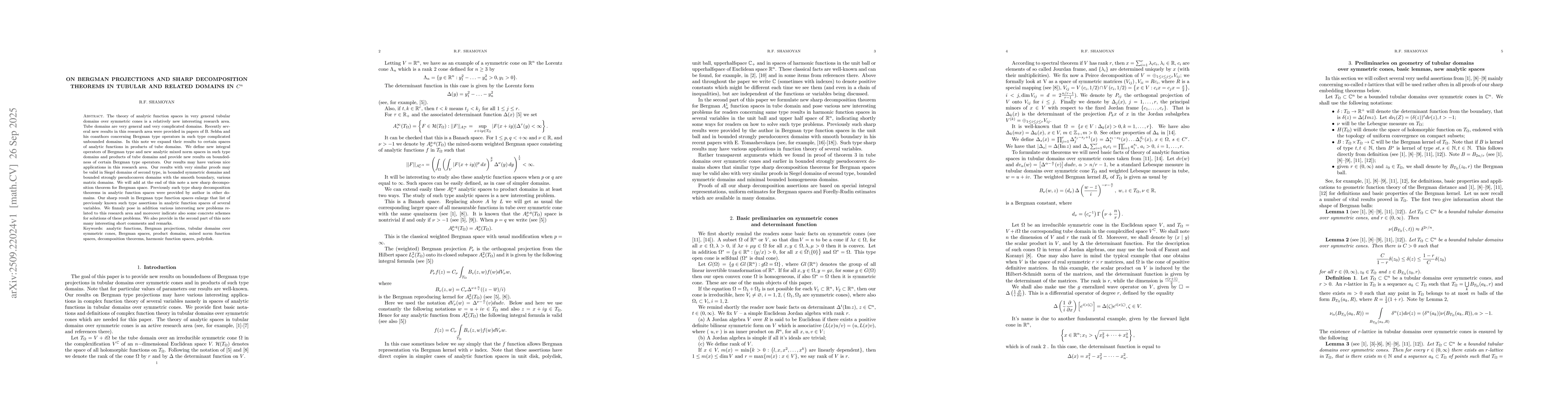 Thumbnail for On Bergman projections and sharp decomposition theorems in tubular and
  related domains in $C^n$