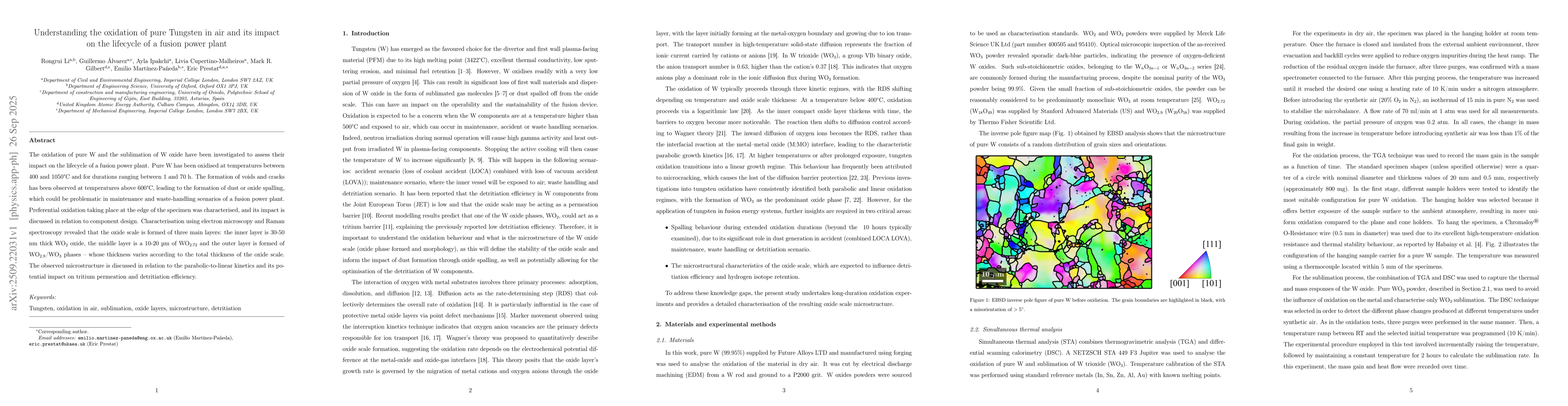 Thumbnail for Understanding the oxidation of pure Tungsten in air and its impact on
  the lifecycle of a fusion power plant