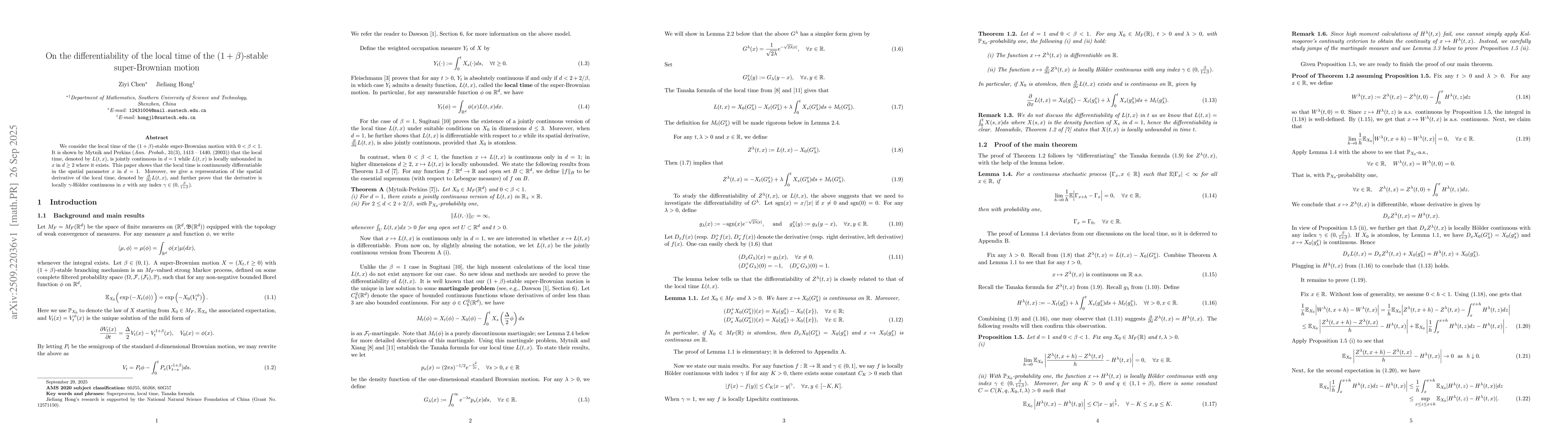 Thumbnail for On the differentiability of the local time of the ($1+β$)-stable
  super-Brownian motion