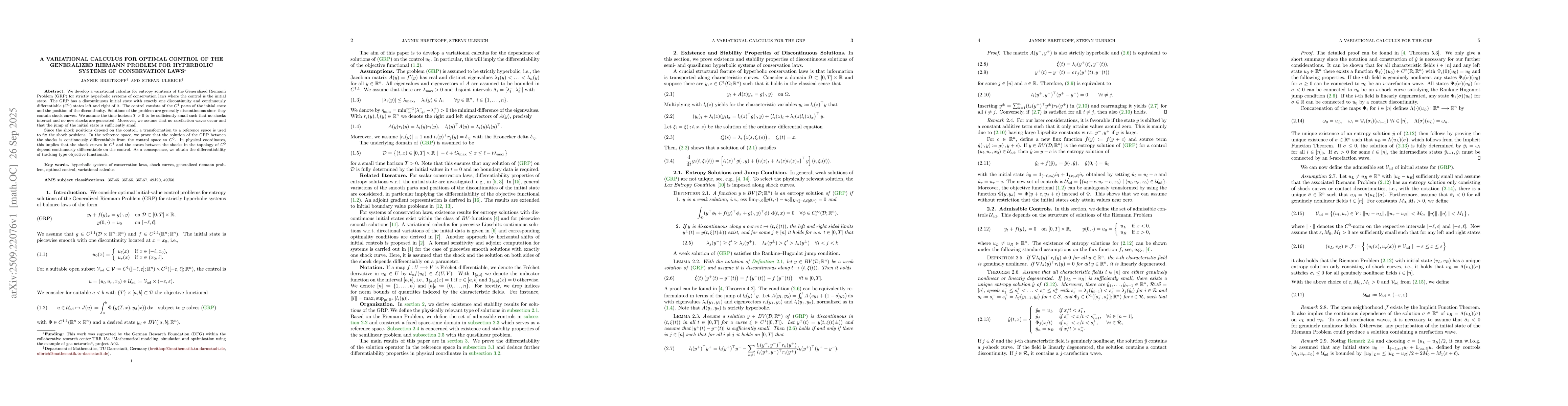 Thumbnail for A Variational Calculus for Optimal Control of the Generalized Riemann
  Problem for Hyperbolic Systems of Conservation Laws