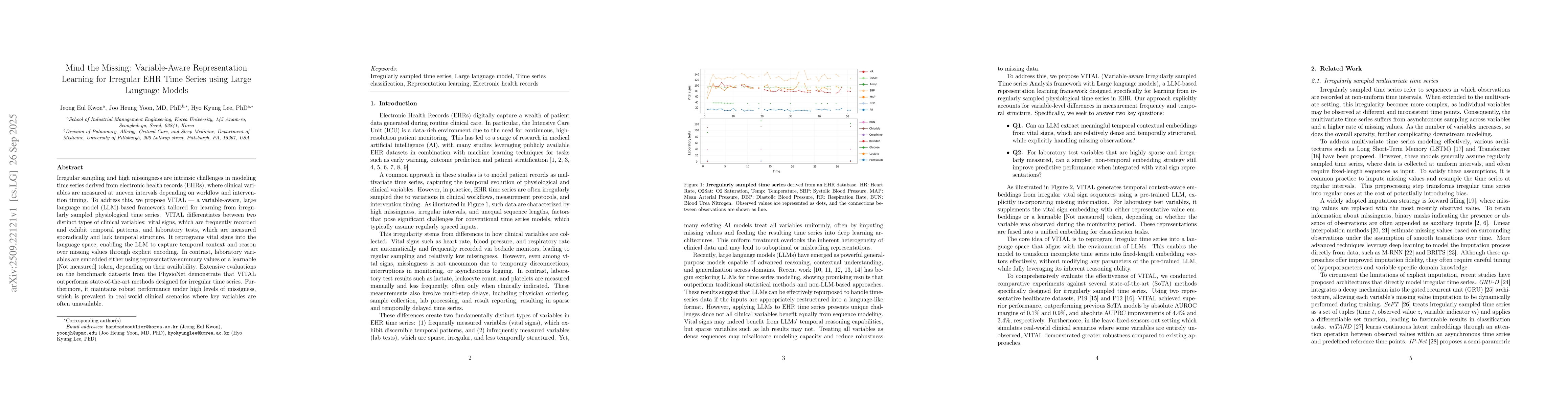 Thumbnail for Mind the Missing: Variable-Aware Representation Learning for Irregular
  EHR Time Series using Large Language Models