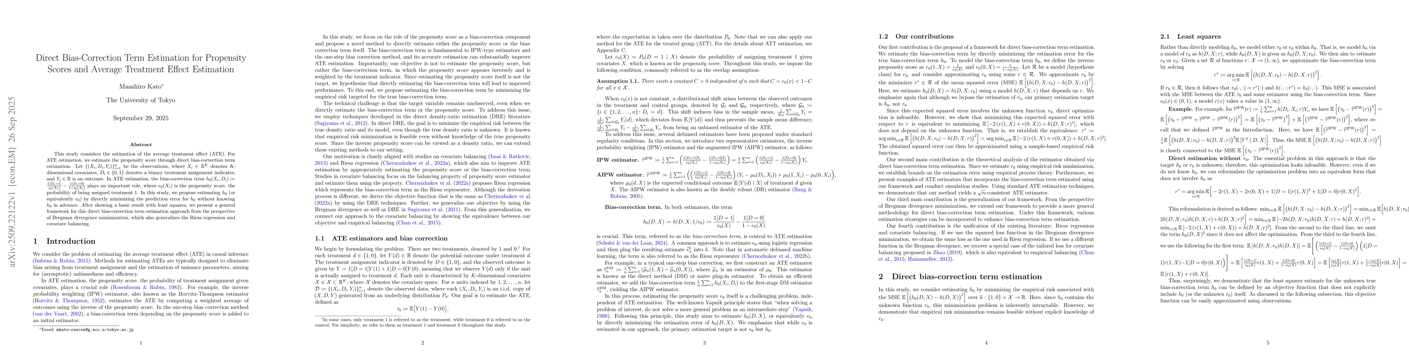 Thumbnail for Direct Bias-Correction Term Estimation for Propensity Scores and Average
  Treatment Effect Estimation