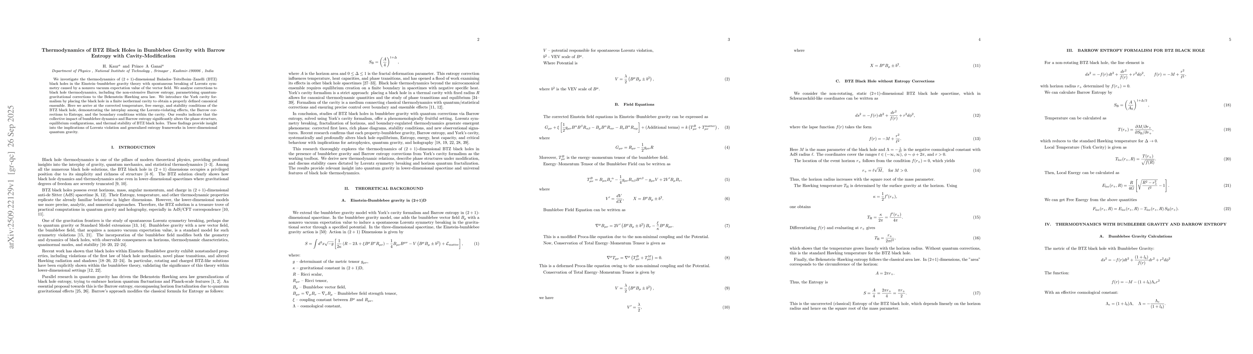 Thumbnail for Thermodynamics of BTZ Black Holes in Bumblebee Gravity with Barrow
  Entropy with Cavity-Modification