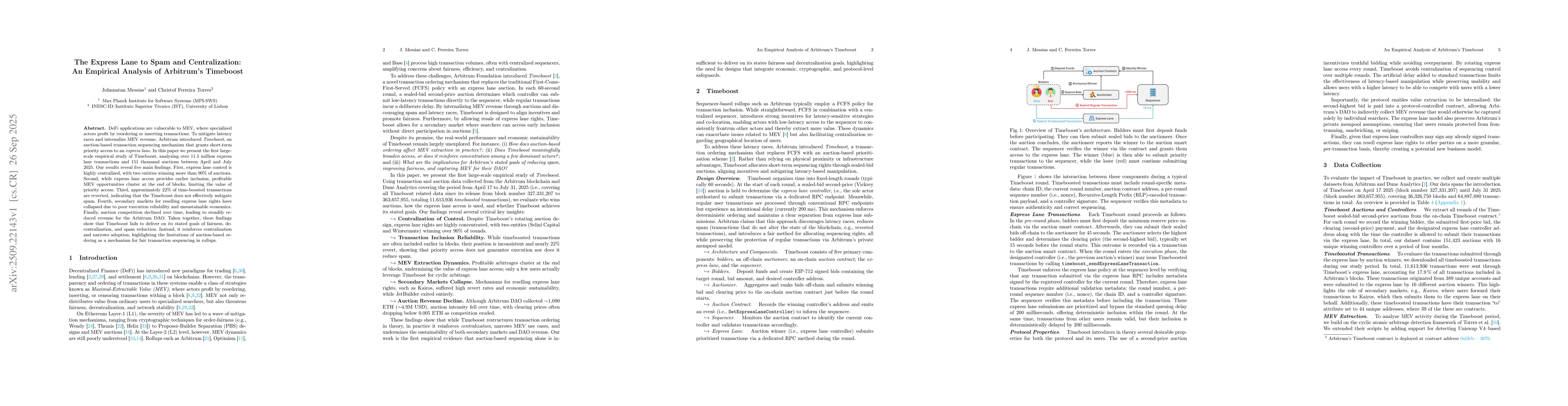 Thumbnail for The Express Lane to Spam and Centralization: An Empirical Analysis of
  Arbitrum's Timeboost