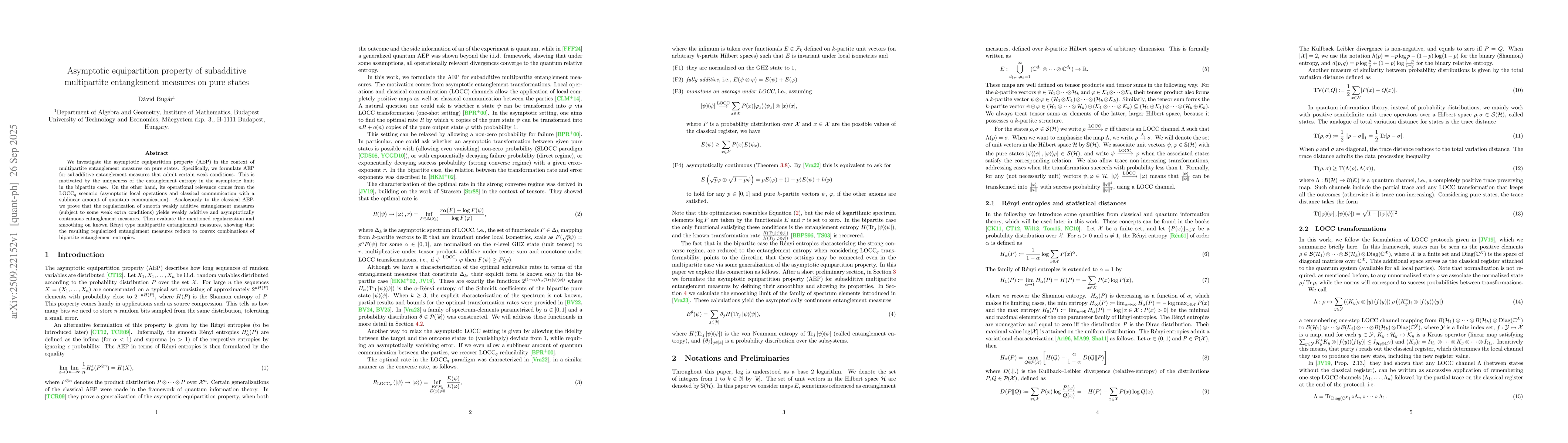Thumbnail for Asymptotic equipartition property of subadditive multipartite
  entanglement measures on pure states