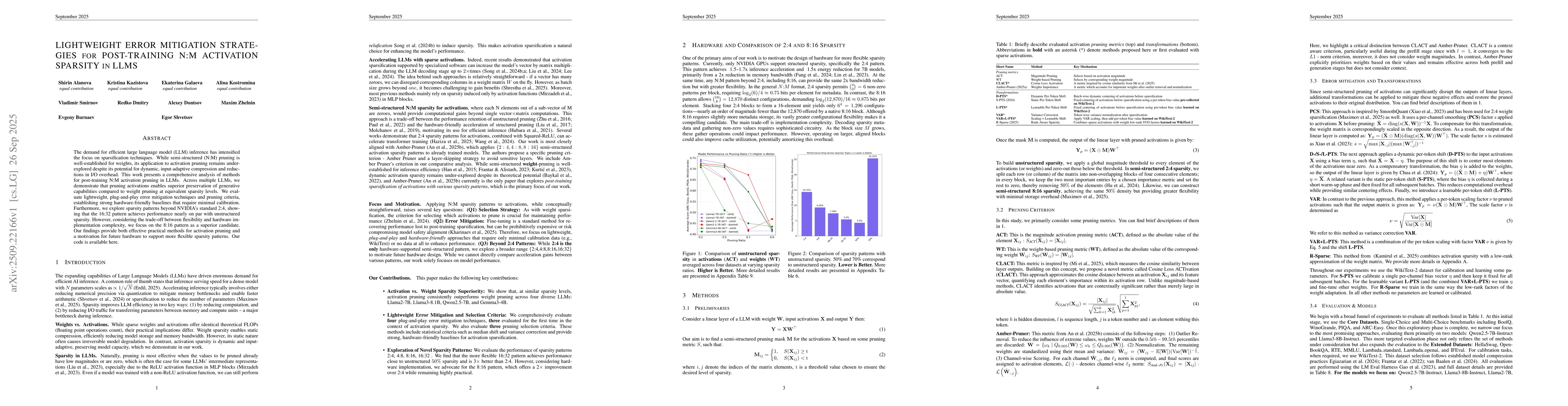 Thumbnail for Lightweight error mitigation strategies for post-training N:M activation
  sparsity in LLMs