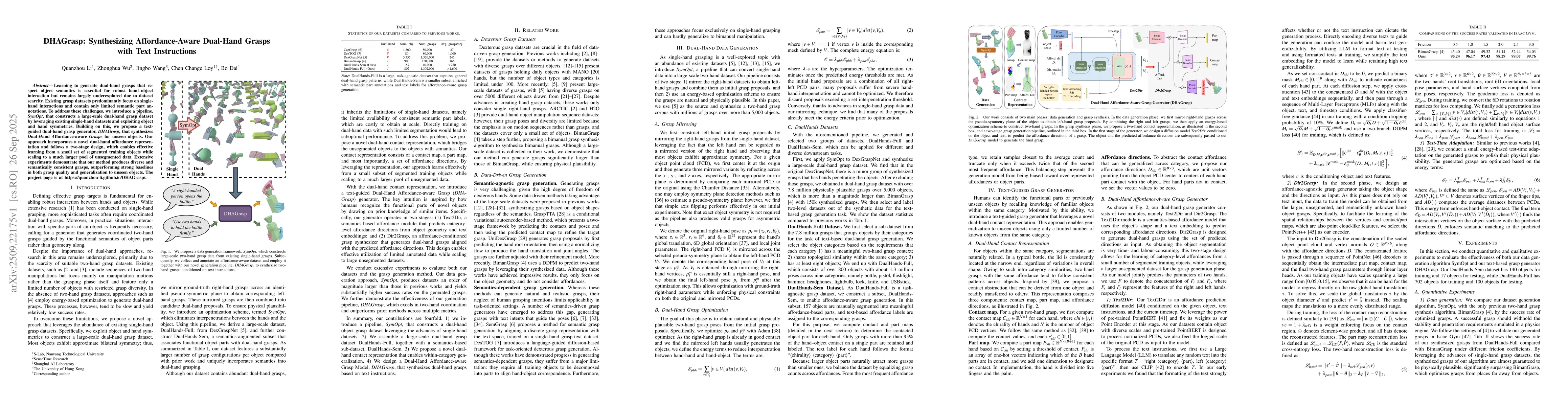 Thumbnail for DHAGrasp: Synthesizing Affordance-Aware Dual-Hand Grasps with Text
  Instructions