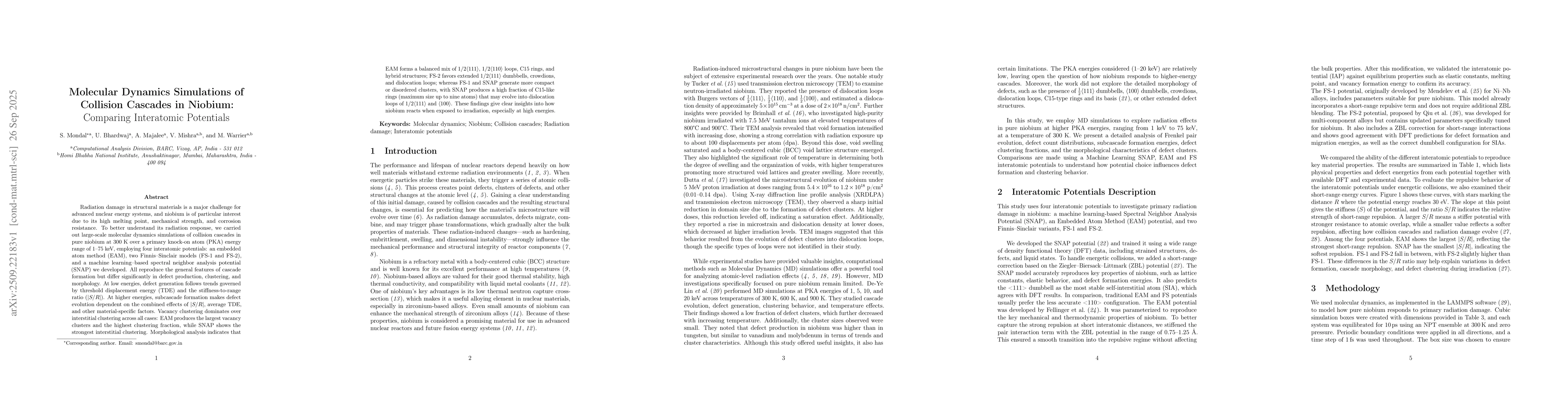 Thumbnail for Molecular Dynamics Simulations of Collision Cascades in Niobium:
  Comparing Interatomic Potentials
