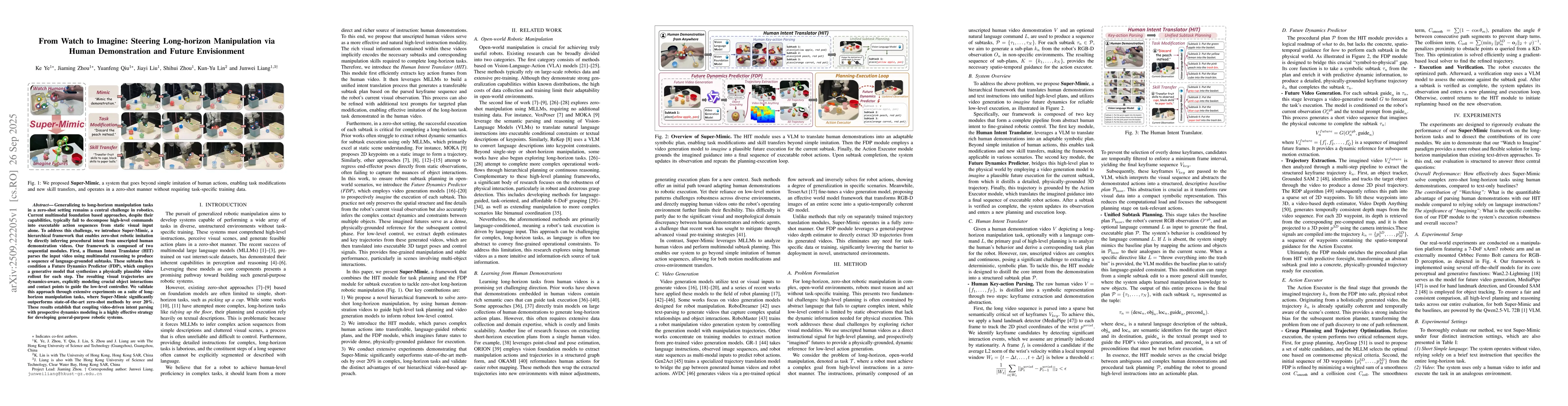 Thumbnail for From Watch to Imagine: Steering Long-horizon Manipulation via Human
  Demonstration and Future Envisionment