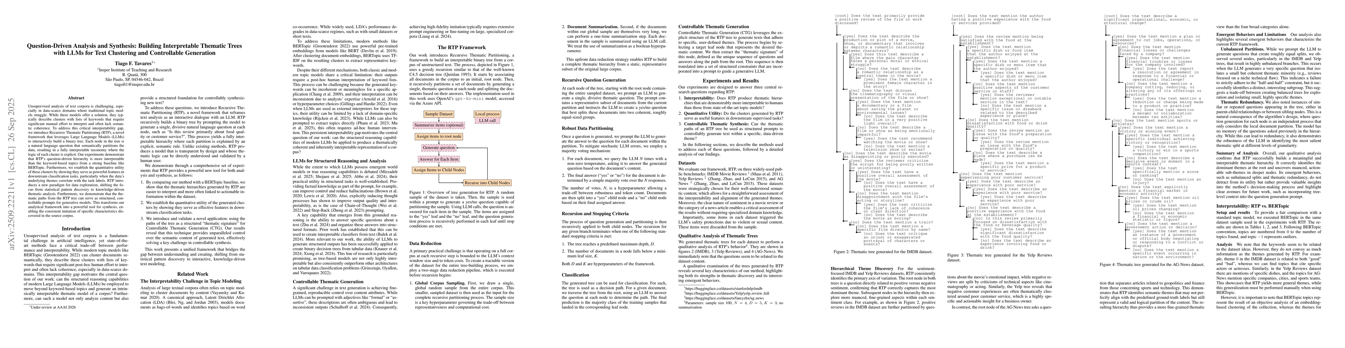 Thumbnail for Question-Driven Analysis and Synthesis: Building Interpretable Thematic
  Trees with LLMs for Text Clustering and Controllable Generation