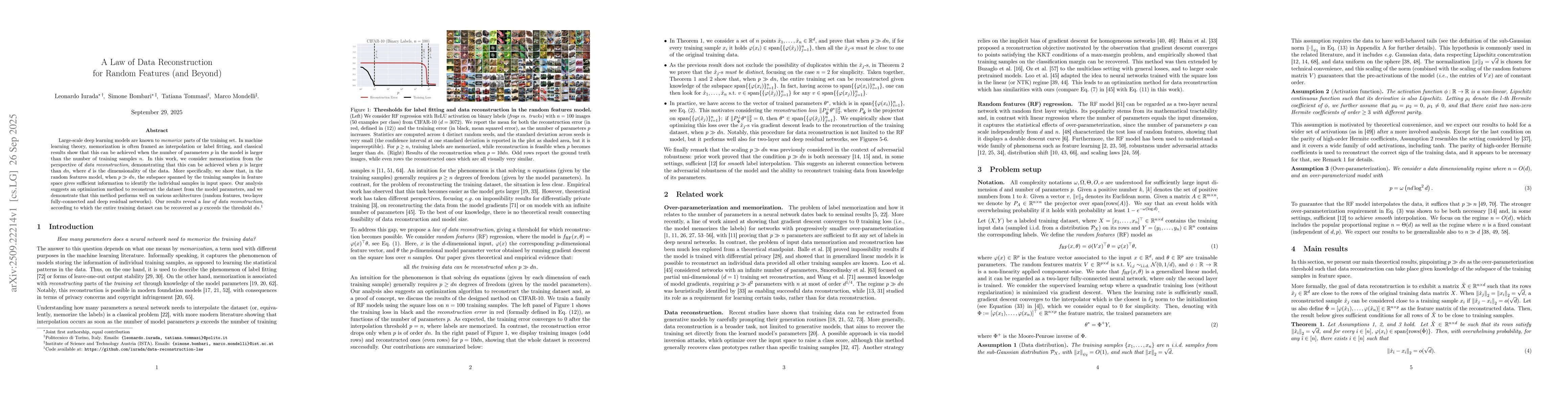 Thumbnail for A Law of Data Reconstruction for Random Features (and Beyond)