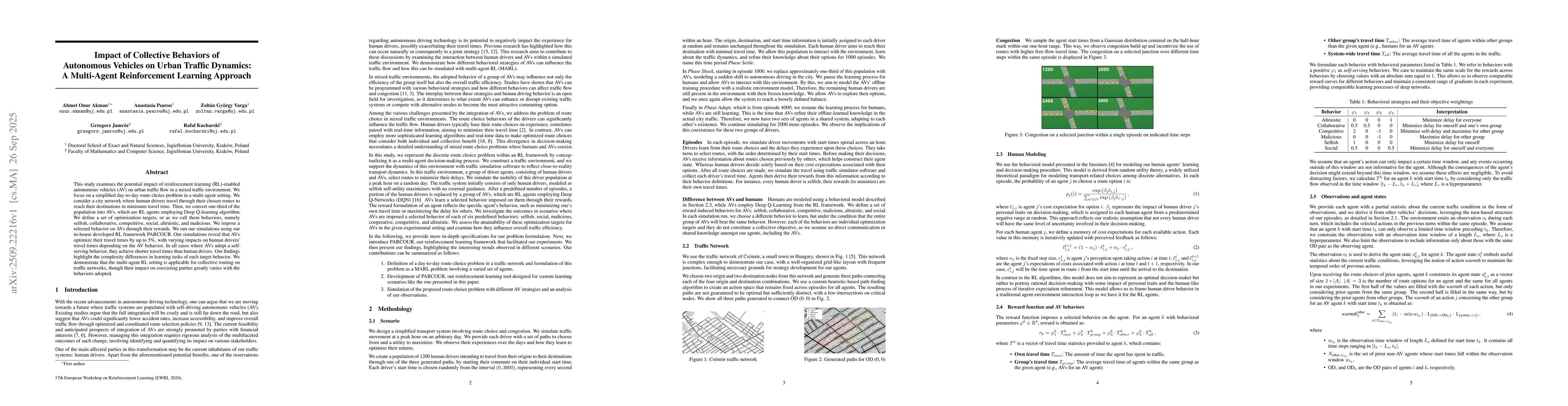 Thumbnail for Impact of Collective Behaviors of Autonomous Vehicles on Urban Traffic
  Dynamics: A Multi-Agent Reinforcement Learning Approach