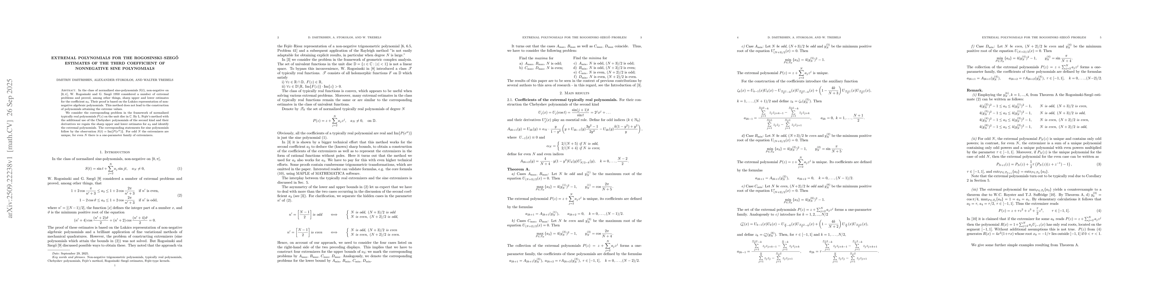 Thumbnail for Extremal polynomials for the Rogosinski--Szegő estimates of the
  third coefficient of nonnegative sine polynomials