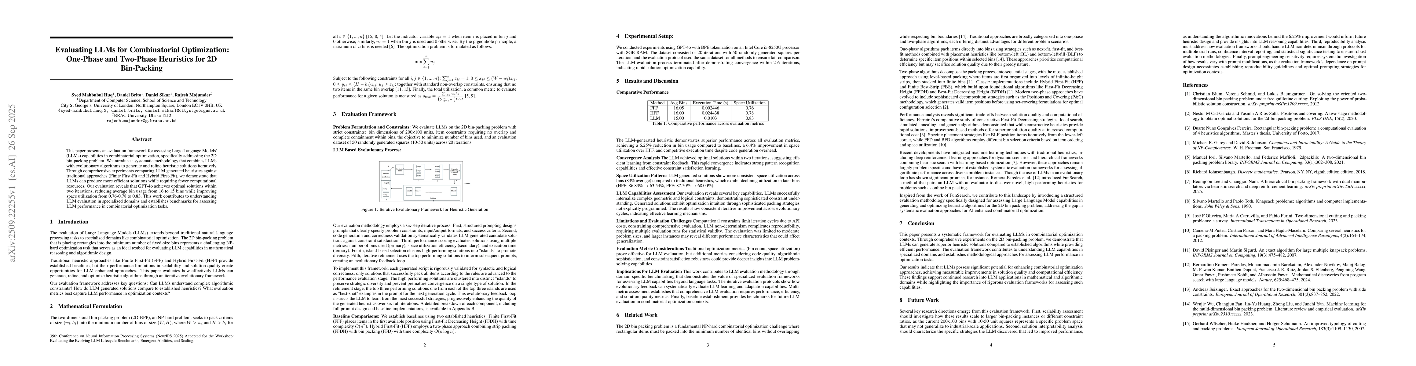 Thumbnail for Evaluating LLMs for Combinatorial Optimization: One-Phase and Two-Phase
  Heuristics for 2D Bin-Packing