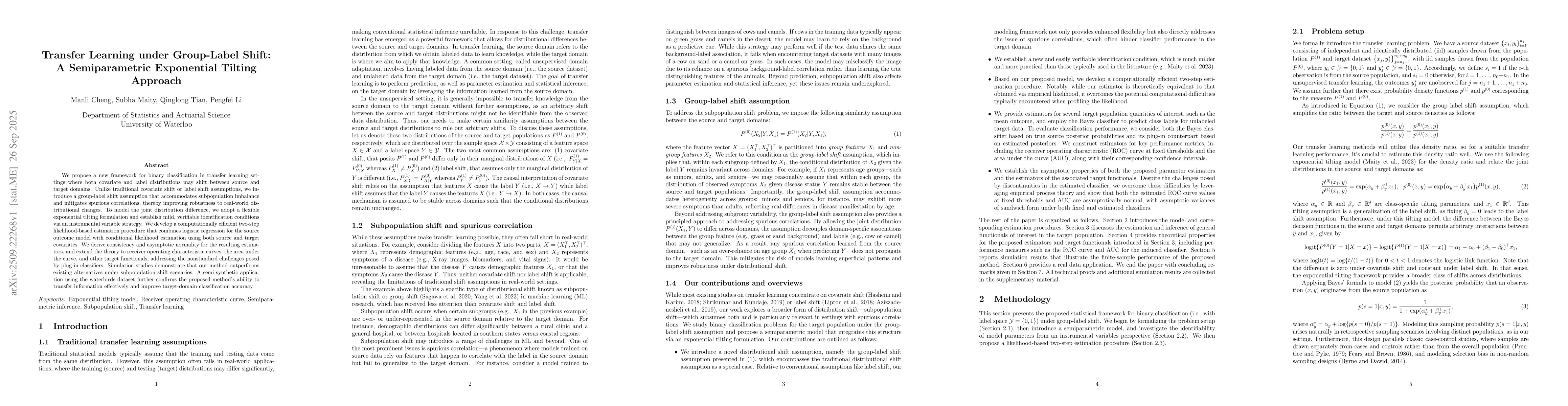 Thumbnail for Transfer Learning under Group-Label Shift: A Semiparametric Exponential
  Tilting Approach