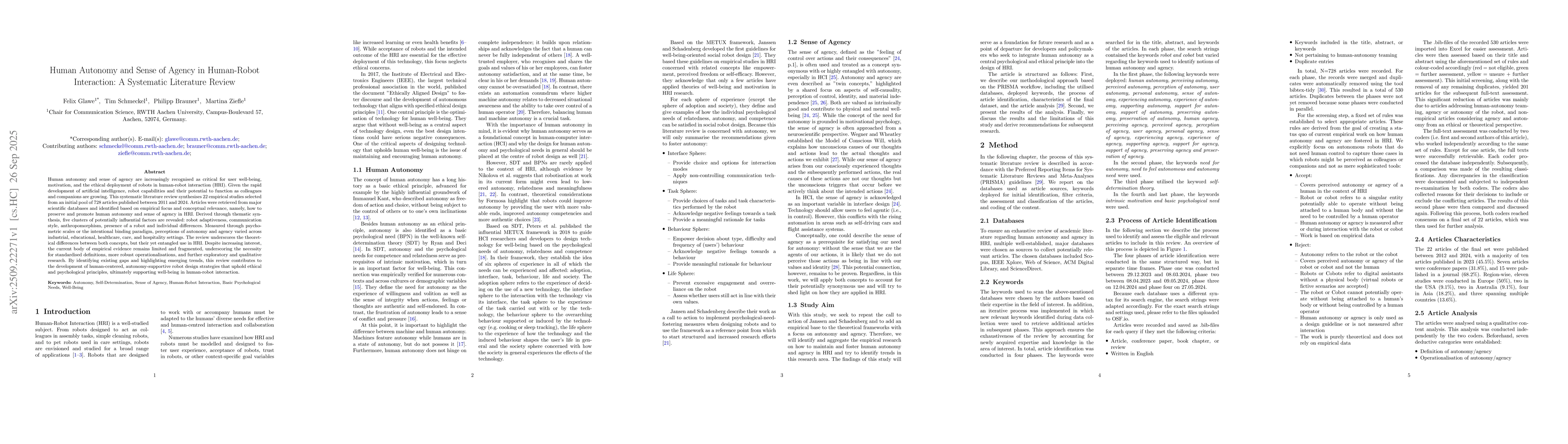 Thumbnail for Human Autonomy and Sense of Agency in Human-Robot Interaction: A
  Systematic Literature Review