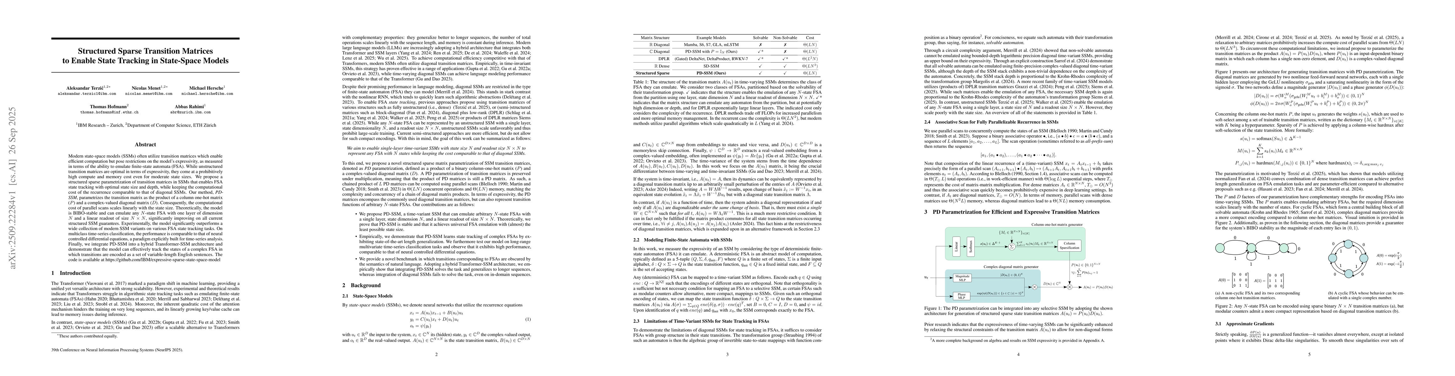 Thumbnail for Structured Sparse Transition Matrices to Enable State Tracking in
  State-Space Models