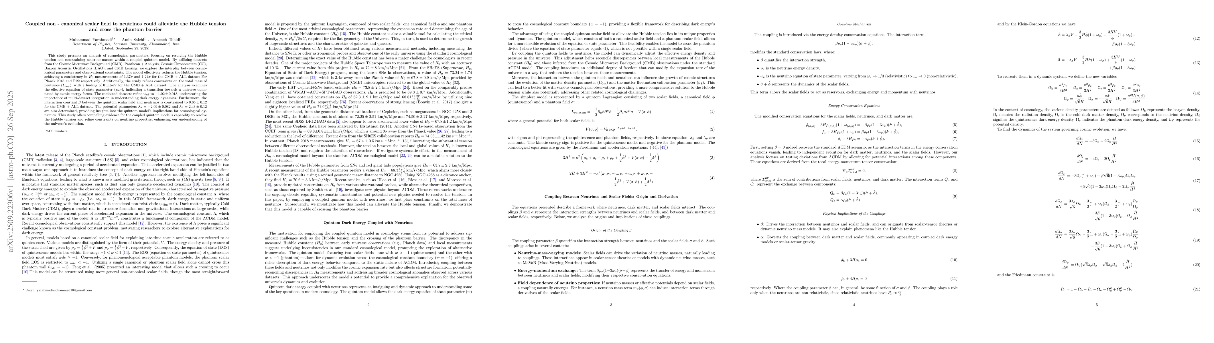 Thumbnail for Coupled non-canonical scalar field to neutrinos could alleviate the
  Hubble tension and cross the phantom barrier