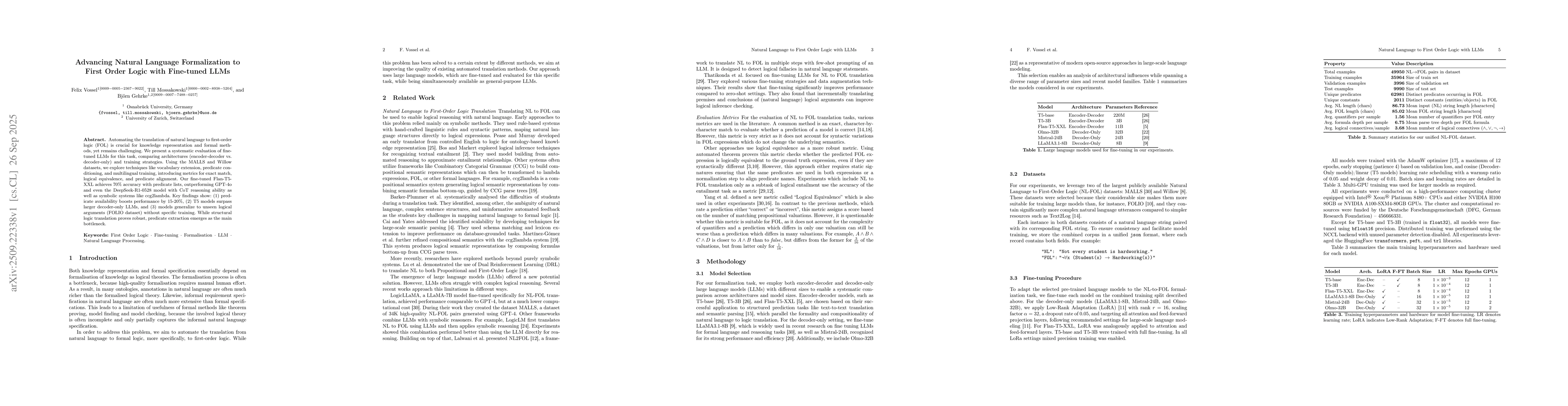 Thumbnail for Advancing Natural Language Formalization to First Order Logic with
  Fine-tuned LLMs