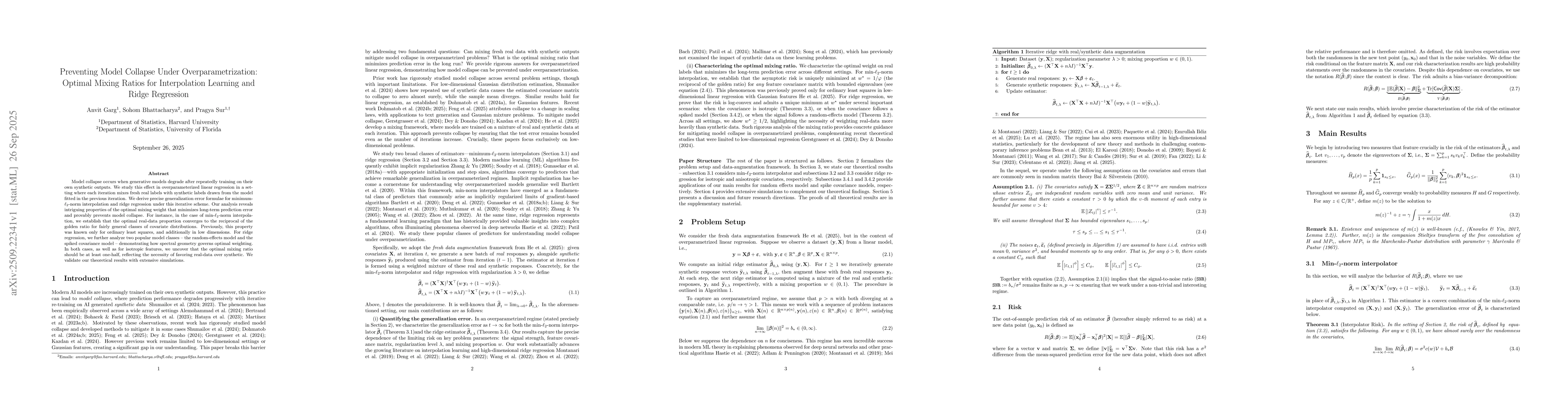 Thumbnail for Preventing Model Collapse Under Overparametrization: Optimal Mixing
  Ratios for Interpolation Learning and Ridge Regression