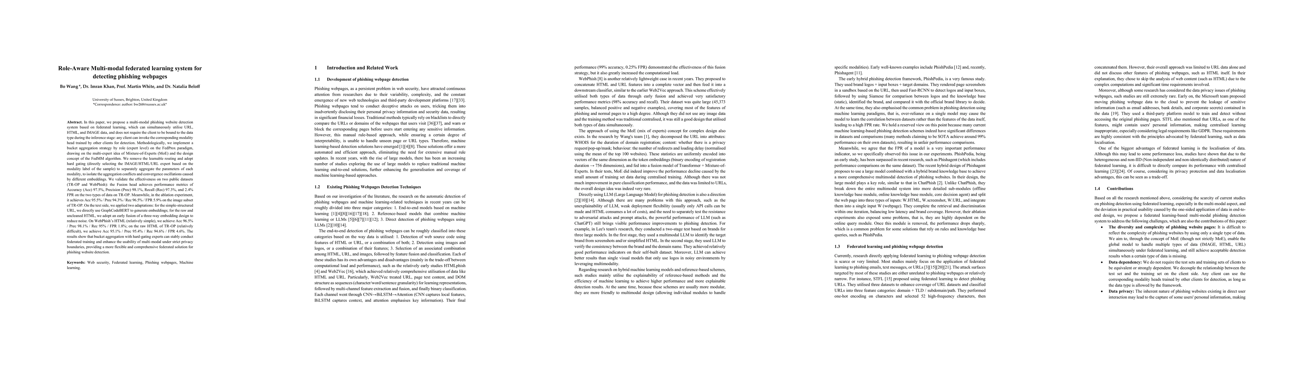 Thumbnail for Role-Aware Multi-modal federated learning system for detecting phishing
  webpages