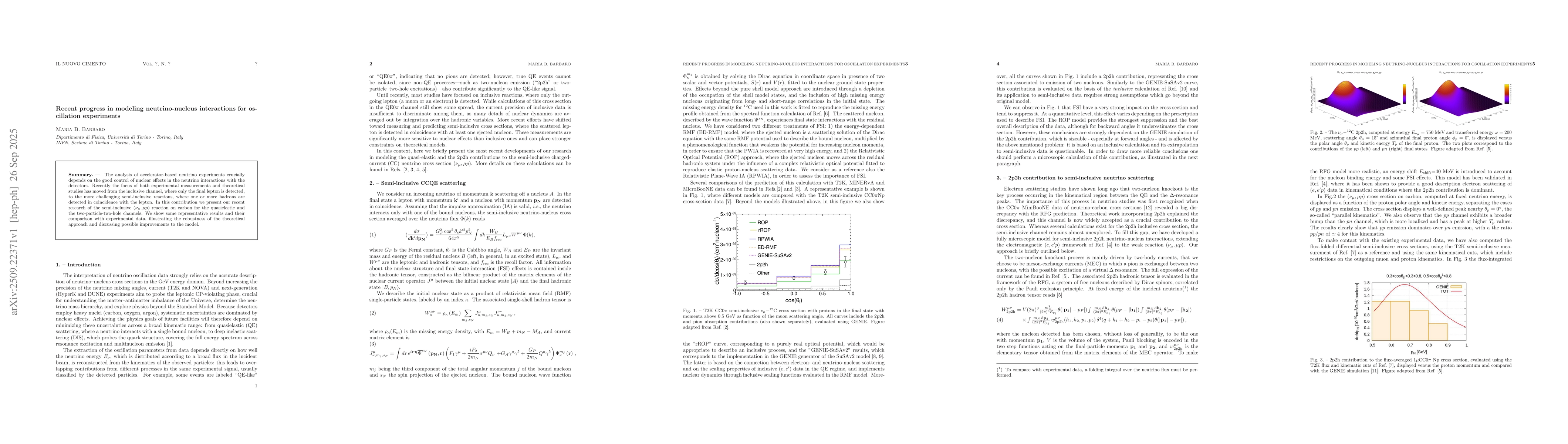 Thumbnail for Recent progress in modeling neutrino-nucleus interactions for
  oscillation experiments