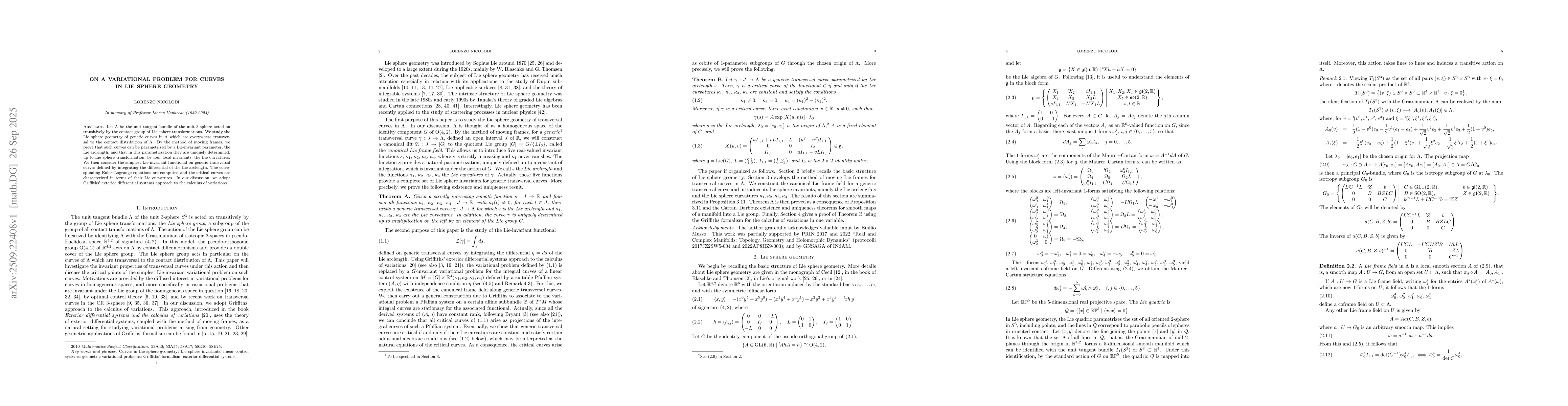 Thumbnail for On a variational problem for curves in Lie sphere geometry