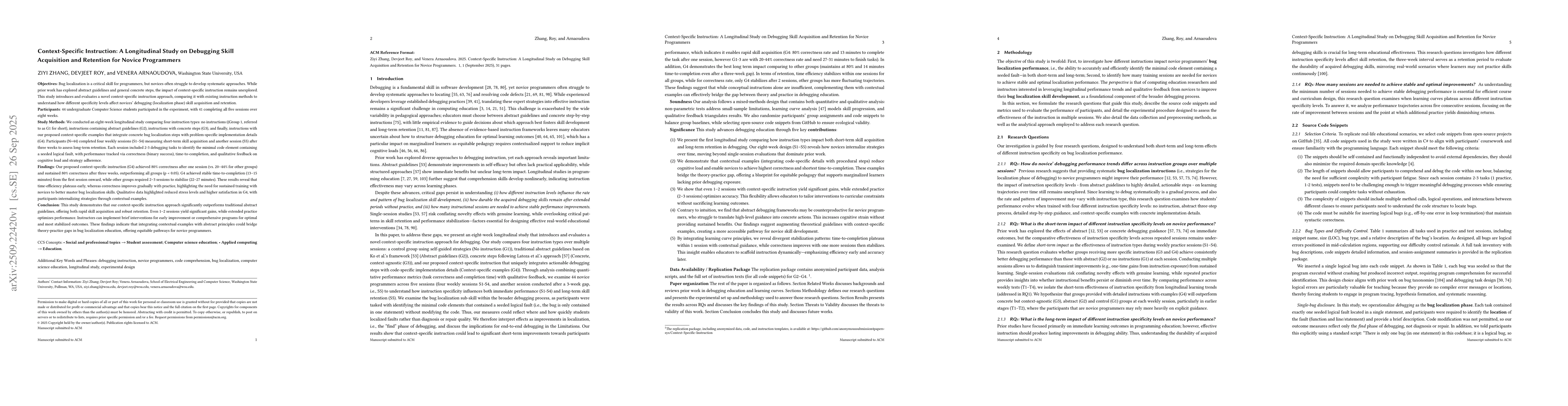 Thumbnail for Context-Specific Instruction: A Longitudinal Study on Debugging Skill
  Acquisition and Retention for Novice Programmers