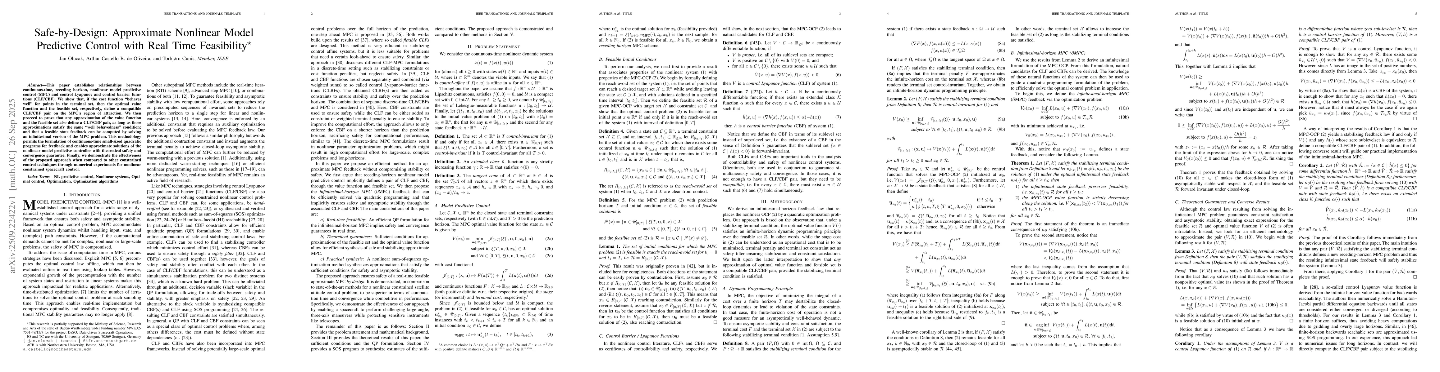 Thumbnail for Safe-by-Design: Approximate Nonlinear Model Predictive Control with Real
  Time Feasibility