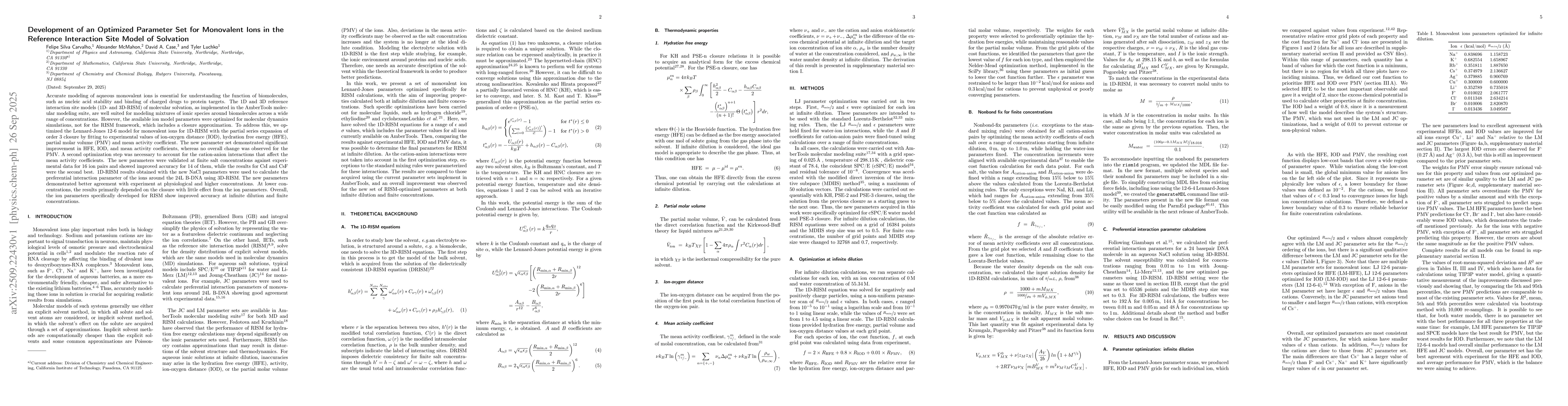 Thumbnail for Development of an Optimized Parameter Set for Monovalent Ions in the
  Reference Interaction Site Model of Solvation