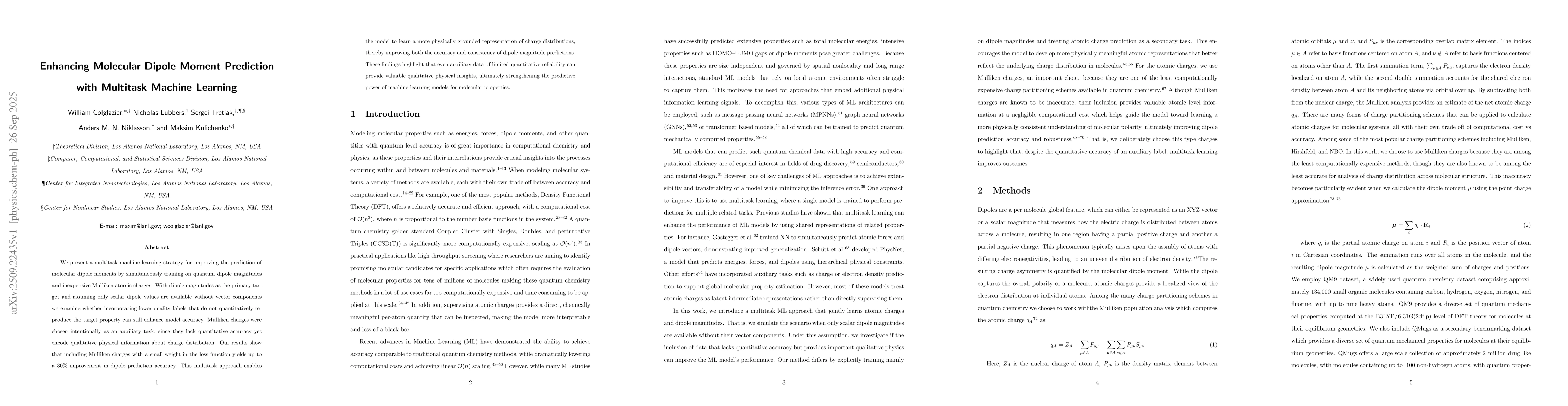 Thumbnail for Enhancing Molecular Dipole Moment Prediction with Multitask Machine
  Learning