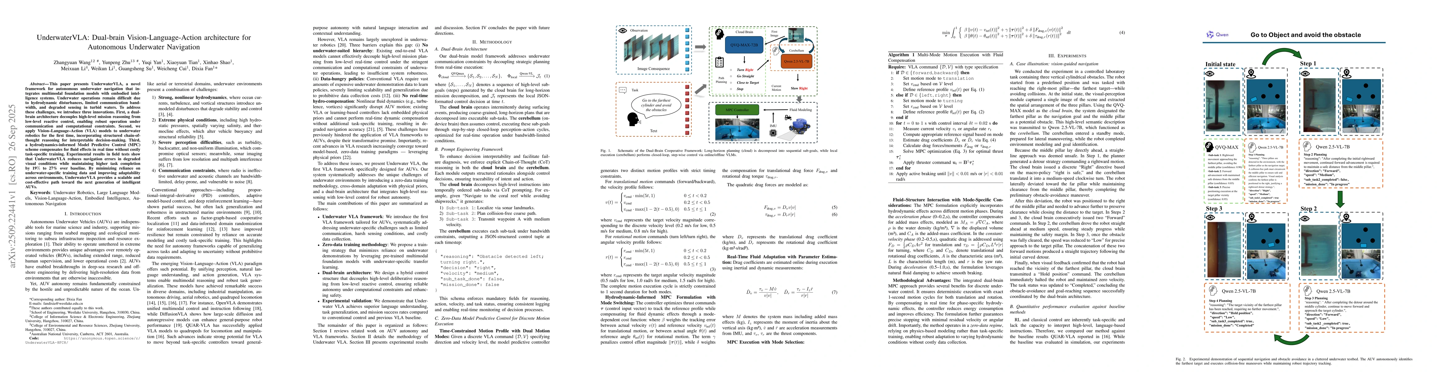 Thumbnail for UnderwaterVLA: Dual-brain Vision-Language-Action architecture for
  Autonomous Underwater Navigation