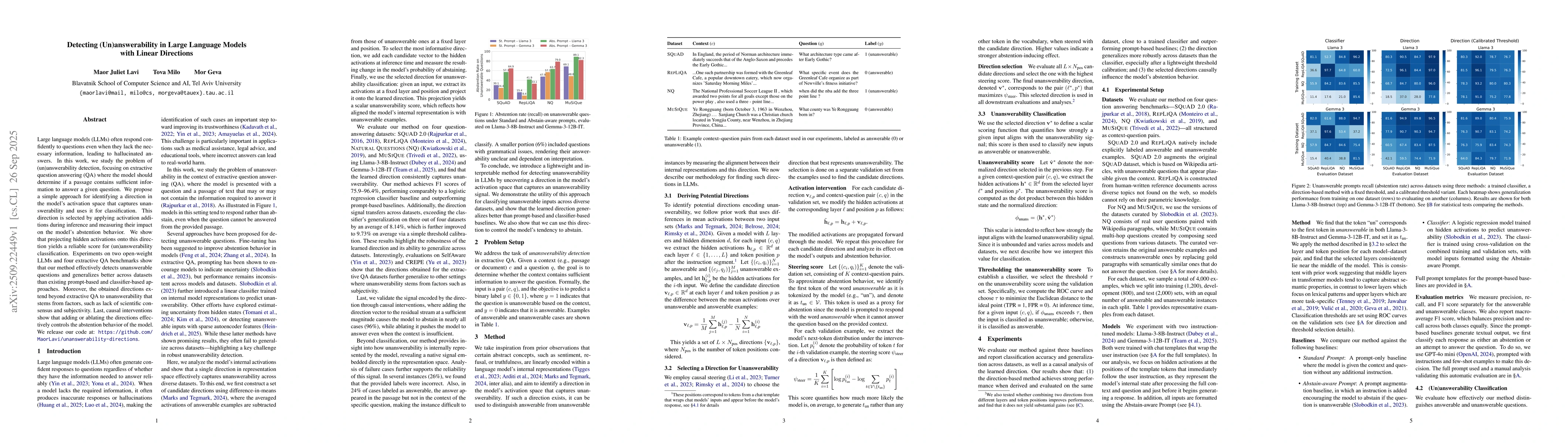 Thumbnail for Detecting (Un)answerability in Large Language Models with Linear
  Directions