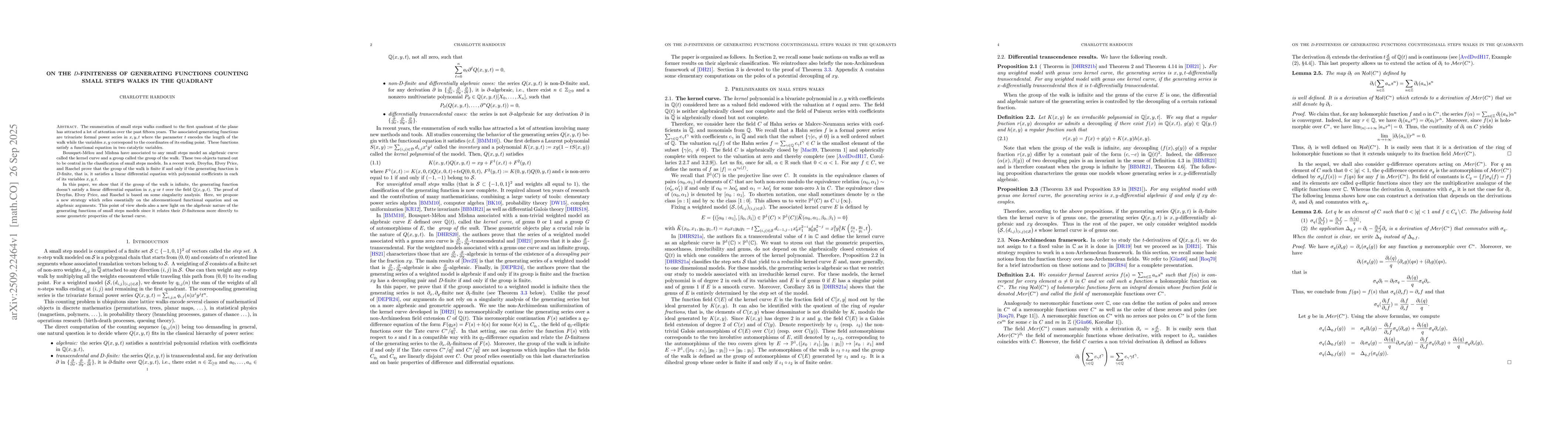 Thumbnail for On the D-finiteness of generating functions counting small steps walks
  in the quadrant