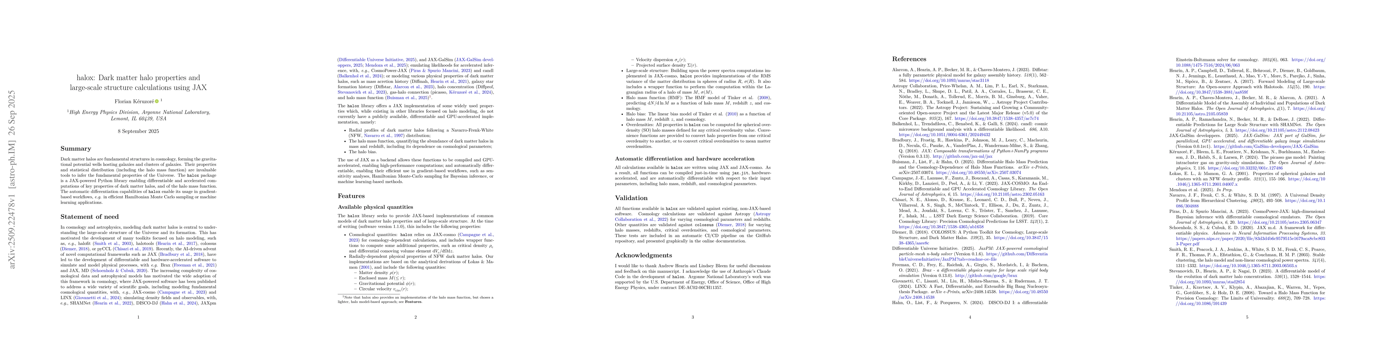 Thumbnail for halox: Dark matter halo properties and large-scale structure
  calculations using JAX