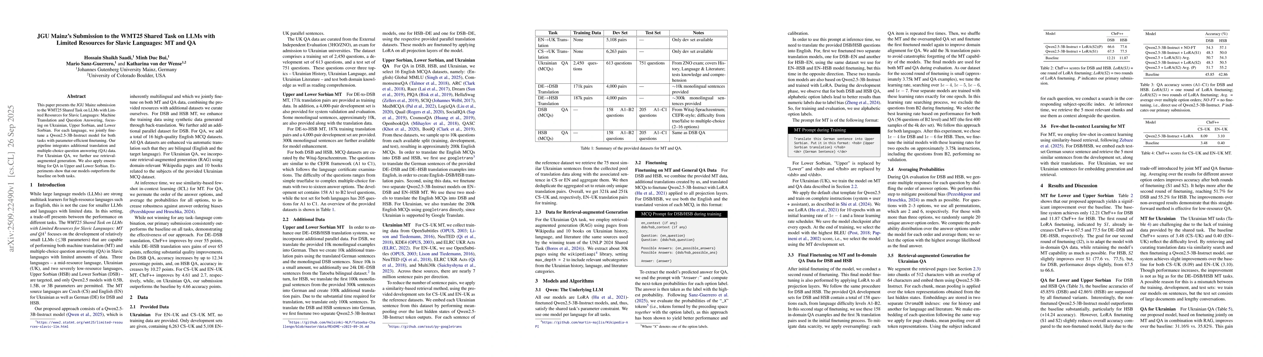 Thumbnail for JGU Mainz's Submission to the WMT25 Shared Task on LLMs with Limited
  Resources for Slavic Languages: MT and QA