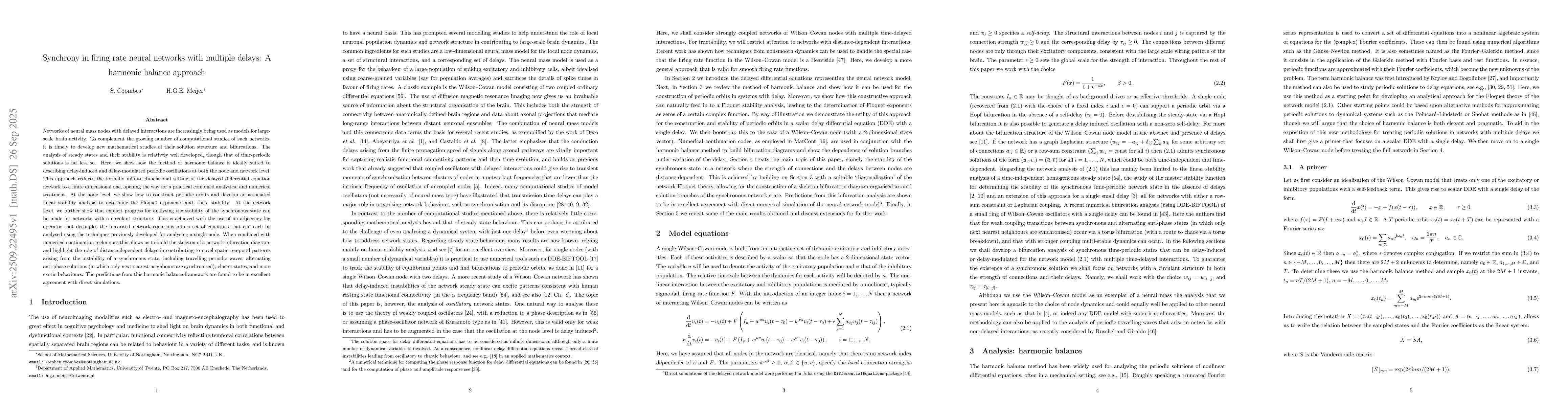 Thumbnail for Synchrony in firing rate neural networks with multiple delays: A
  harmonic balance approach