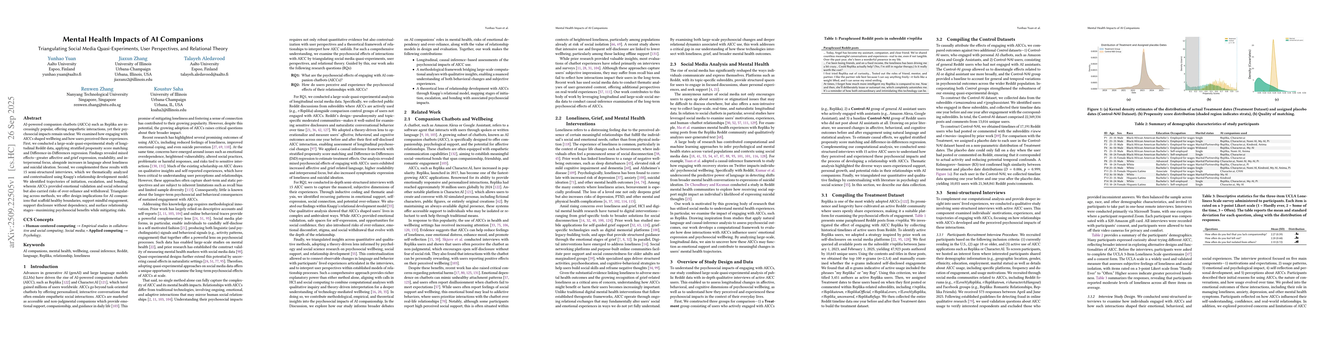 Thumbnail for Mental Health Impacts of AI Companions: Triangulating Social Media
  Quasi-Experiments, User Perspectives, and Relational Theory