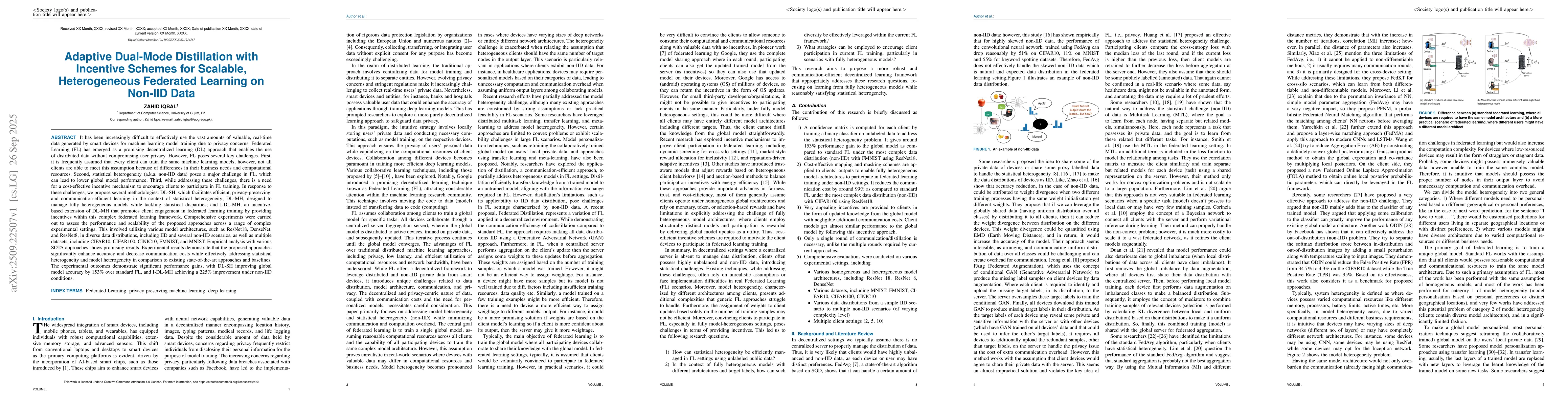 Thumbnail for Adaptive Dual-Mode Distillation with Incentive Schemes for Scalable,
  Heterogeneous Federated Learning on Non-IID Data