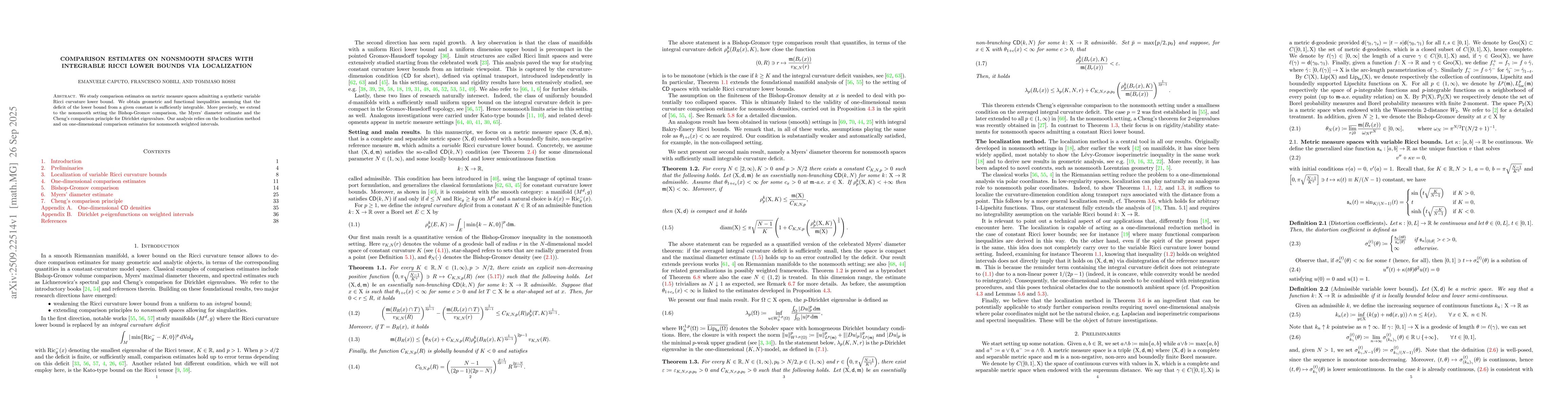 Thumbnail for Comparison estimates on nonsmooth spaces with integrable Ricci lower
  bounds via localization
