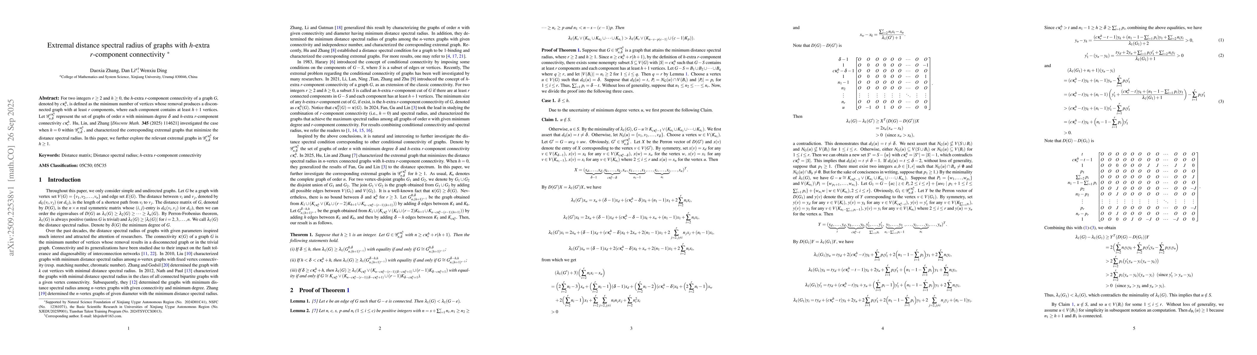 Thumbnail for Extremal distance spectral radius of graphs with $h$-extra $r$-component
  connectivity