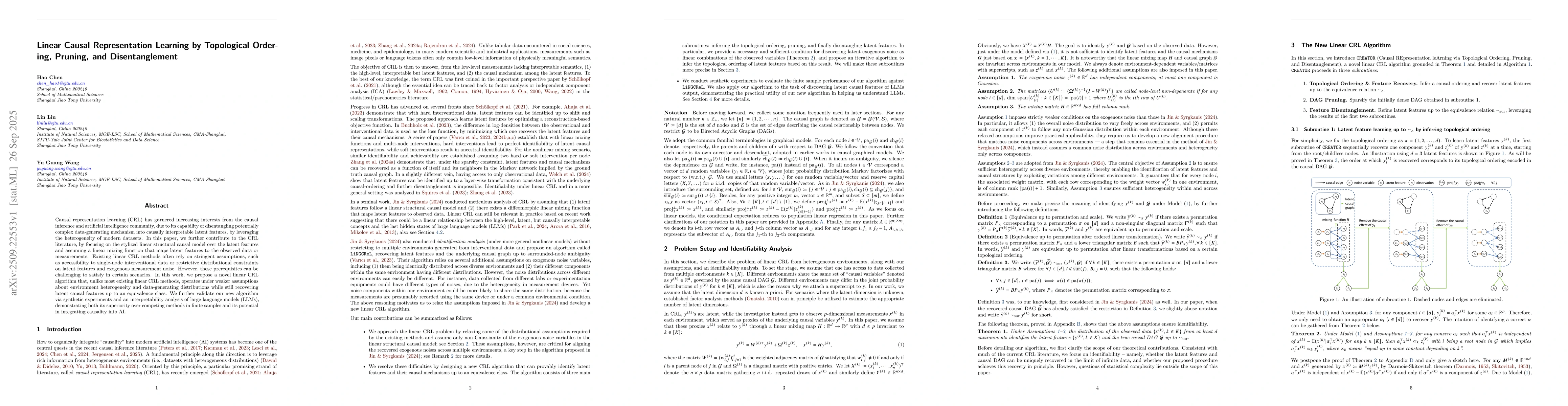 Thumbnail for Linear Causal Representation Learning by Topological Ordering, Pruning,
  and Disentanglement