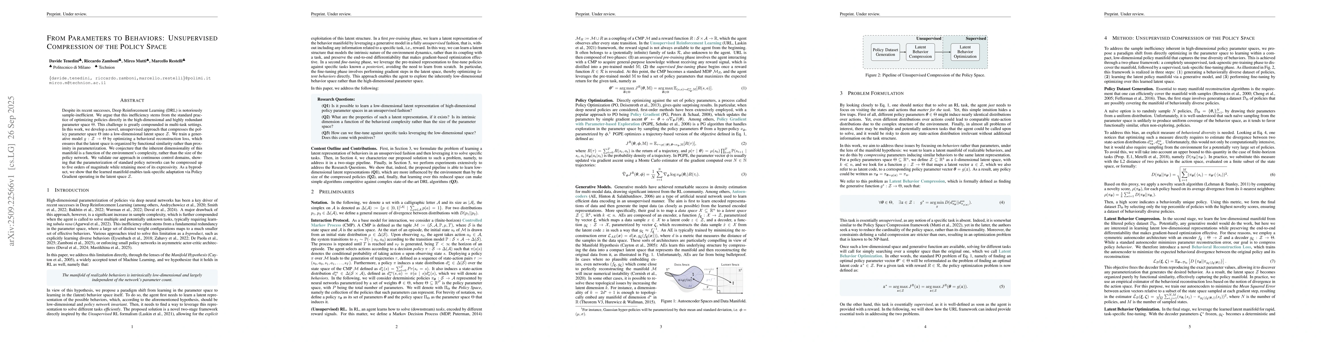 Thumbnail for From Parameters to Behavior: Unsupervised Compression of the Policy
  Space