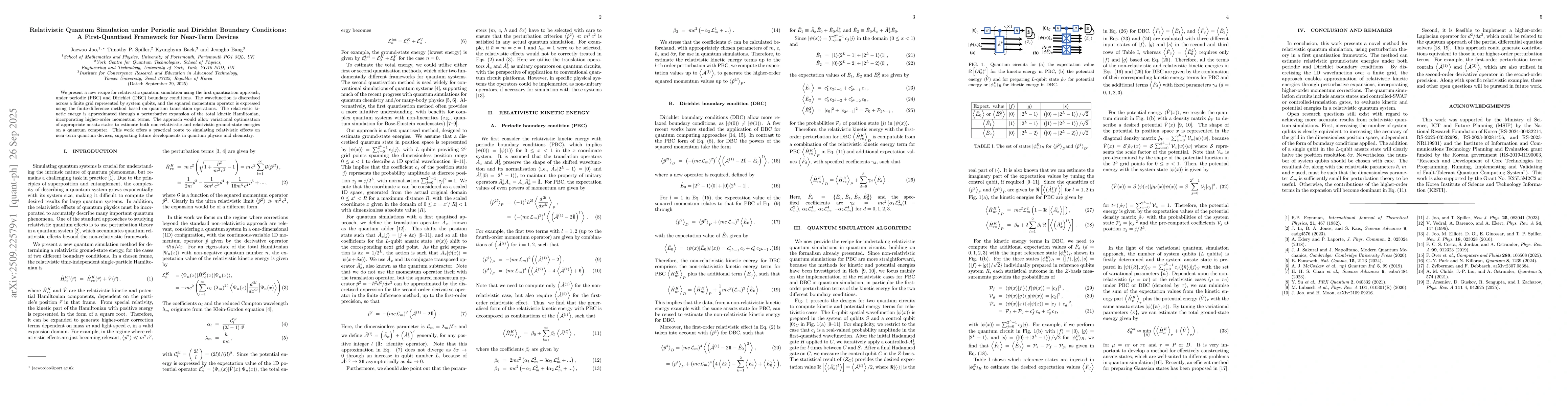 Thumbnail for Relativistic Quantum Simulation under Periodic and Dirichlet Boundary
  Conditions: A First-Quantised Framework for Near-Term Devices