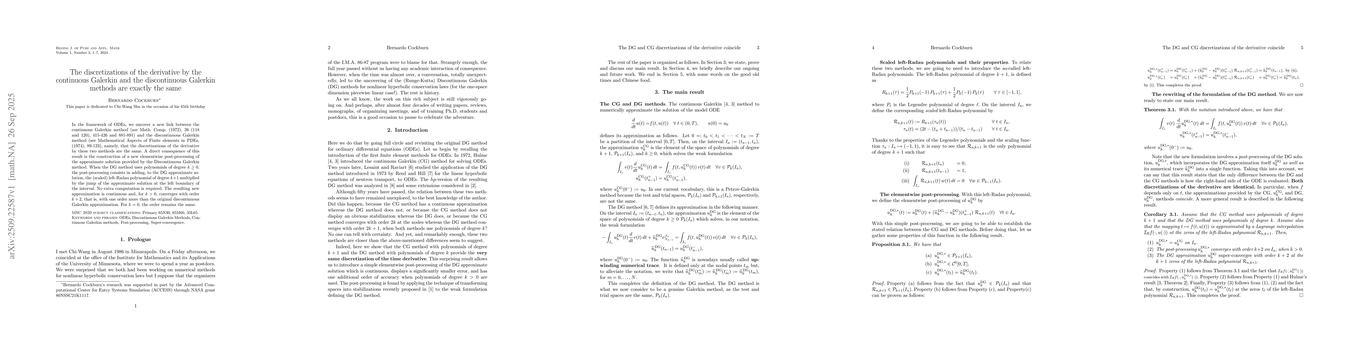Thumbnail for The discretizations of the derivative by the continuous Galerkin and the
  discontinuous Galerkin methods are exactly the same
